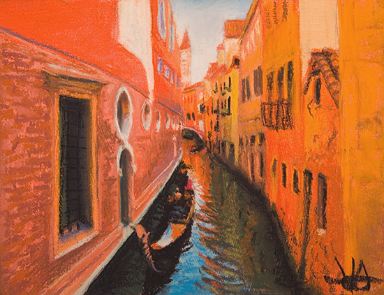 patel painting of gondola on Venitian canal, by John Hulsey